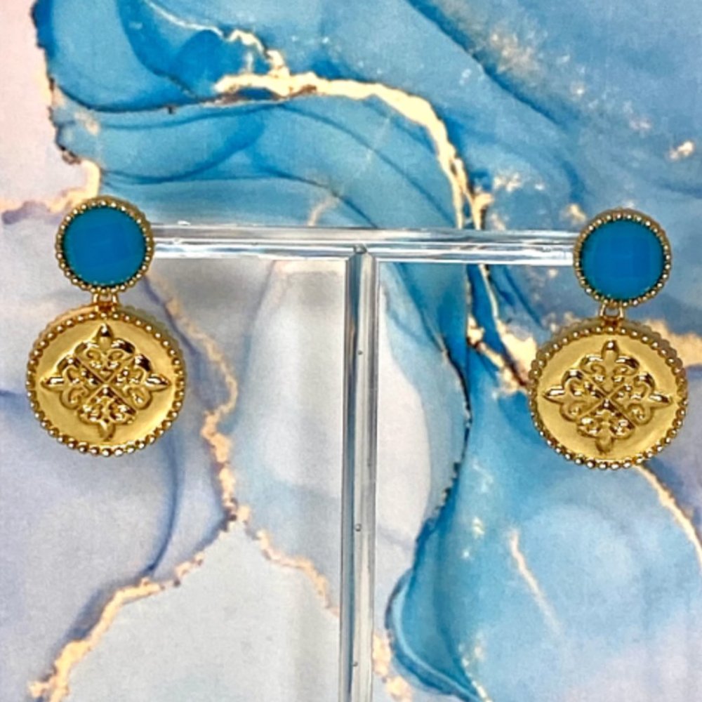 JOLENE Fleur De Lis Gold Coin Caribbean Blue Chalcedony Earrings